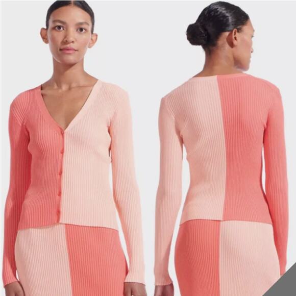 Staud Ribbed Colorblock Two Tone Cardigan Cargo Sweater Fitted Coral Pink XS - Picture 1 of 5